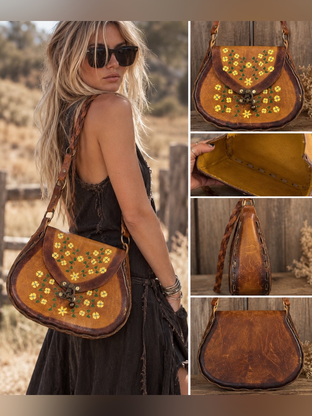 Vintage 70s Hand Painted Leather Floral Shoulder Bag Boho Hippie Artisan Purse